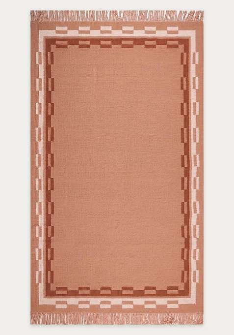 100% Wool Handmade Terracotta Peach Rug | Contemporary Abstract Flat Weave Reversible Carpet For Living Room