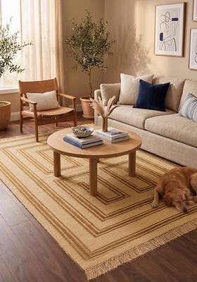 Saffron Rugs Flat Woven Cream Mustard  Contemporary Rectangular Wool Area Rug