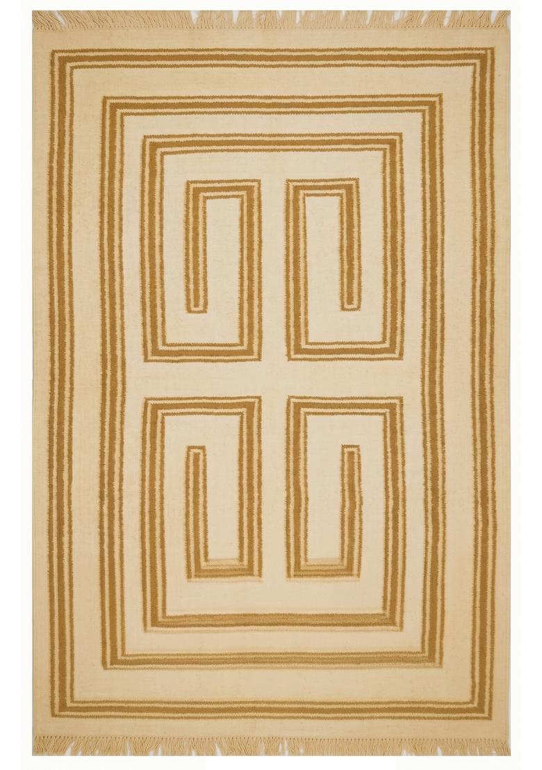 Saffron Rugs Flat Woven Cream Mustard  Contemporary Rectangular Wool Area Rug - Indya