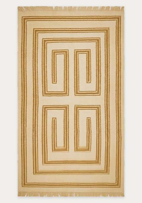 100% Wool Handmade Cream Mustard Rug | Contemporary Abstract Flat Weave Reversible Carpet For Living Room