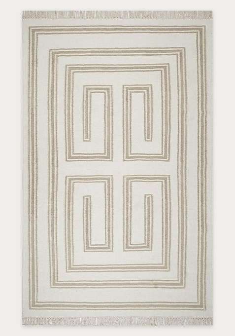 100% Wool Handmade Beige Rug | Contemporary Abstract Flat Weave Reversible Carpet For Living Room