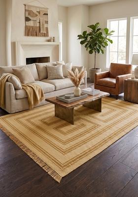 Saffron Rugs Flat Woven Mustard Beige  Contemporary Rectangular Wool Area Rug
