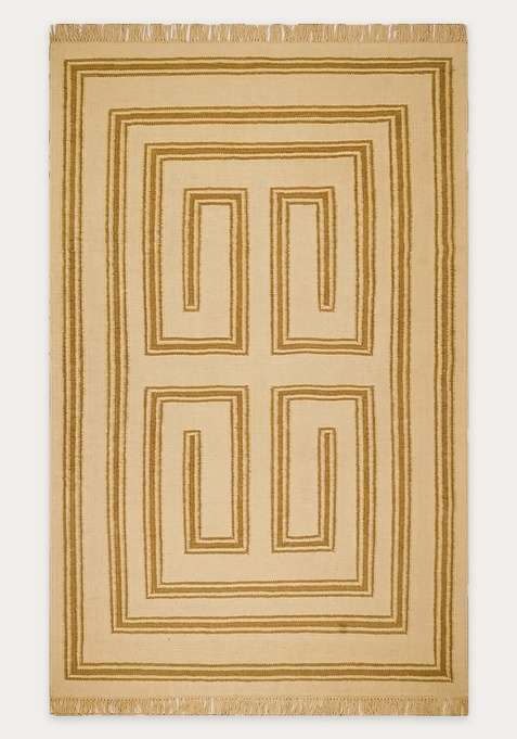 100% Wool Handmade Mustard Beige Rug | Contemporary Abstract Flat Weave Reversible Carpet For Living Room