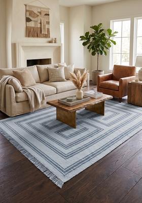 Saffron Rugs Flat Woven Light Blue Grey  Contemporary Rectangular Wool Area Rug