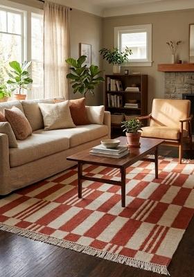 Saffron Rugs Flat Woven Terracotta and Cream Checkered Contemporary Rectangular Wool Area Rug