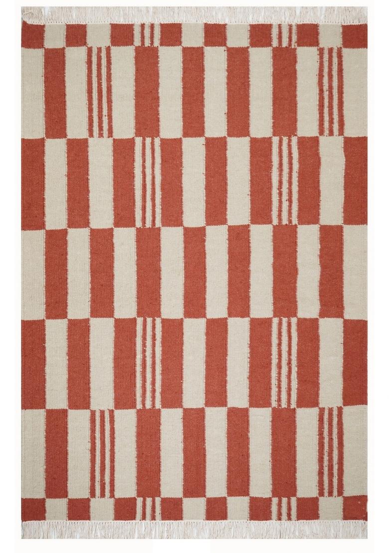 Saffron Rugs Flat Woven Terracotta and Cream Checkered Contemporary Rectangular Wool Area Rug - Indya