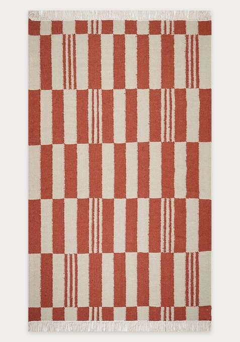 100% Wool Handmade Terracotta And Cream Rug | Contemporary Checkered Flat Weave Reversible Carpet For Living Room