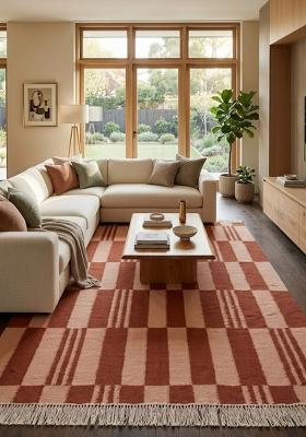Saffron Rugs Flat Woven Terracotta Pink Checkered Contemporary Rectangular Wool Area Rug