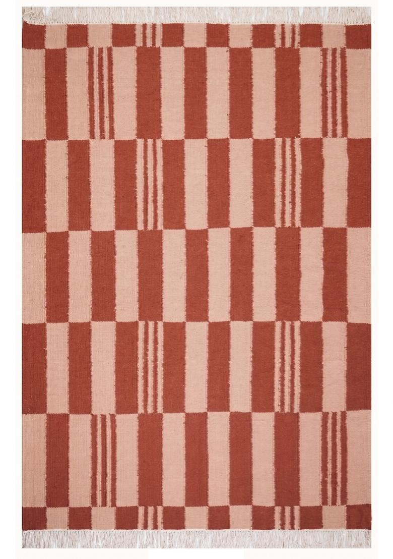 Saffron Rugs Flat Woven Terracotta Pink Checkered Contemporary Rectangular Wool Area Rug - Indya
