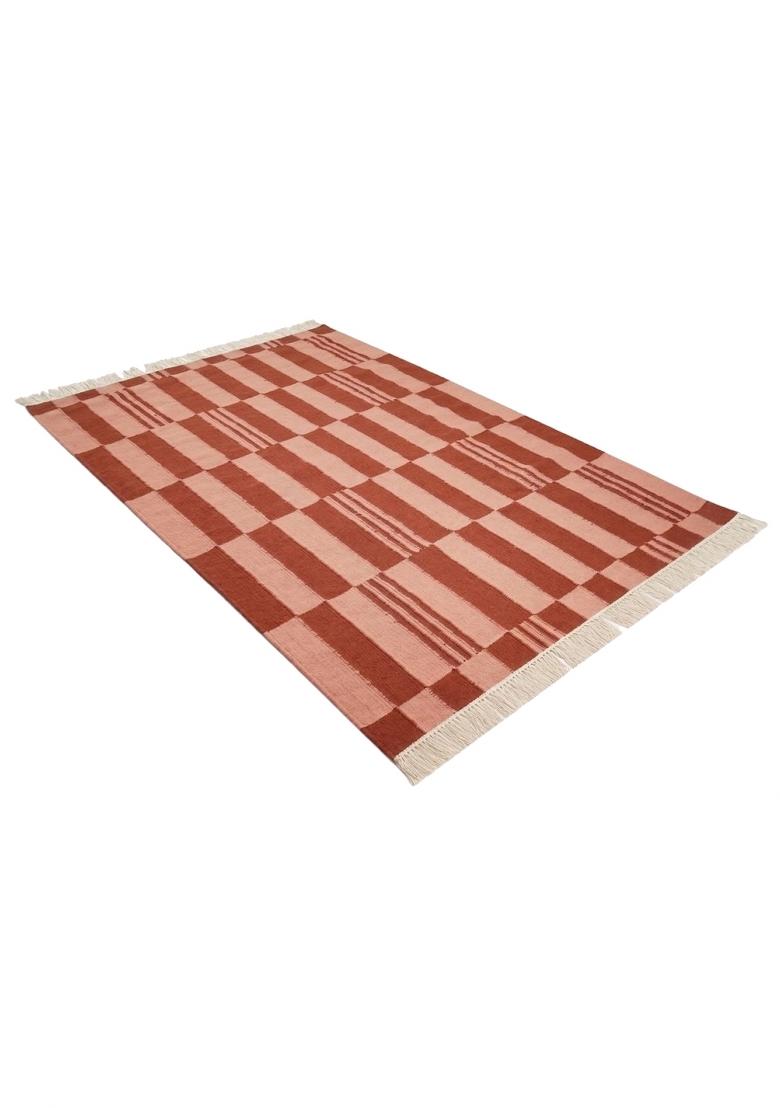 Saffron Rugs Flat Woven Terracotta Pink Checkered Contemporary Rectangular Wool Area Rug - Indya