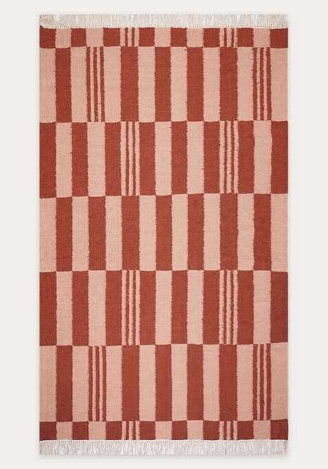100% Wool Handmade Terracotta Pink Rug | Contemporary Checkered Flat Weave Reversible Carpet For Living Room