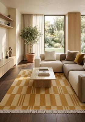 Saffron Rugs Flat Woven Mustard Yellow Checkered Contemporary Rectangular Wool Area Rug