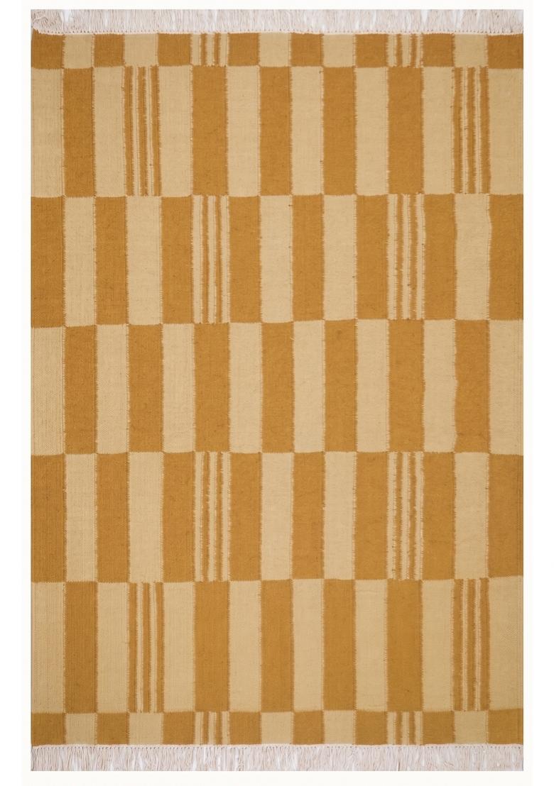 Saffron Rugs Flat Woven Mustard Yellow Checkered Contemporary Rectangular Wool Area Rug - Indya