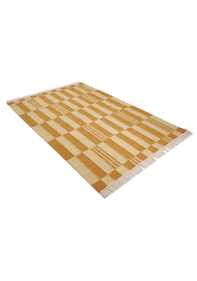 Saffron Rugs Flat Woven Mustard Yellow Checkered Contemporary Rectangular Wool Area Rug - Indya