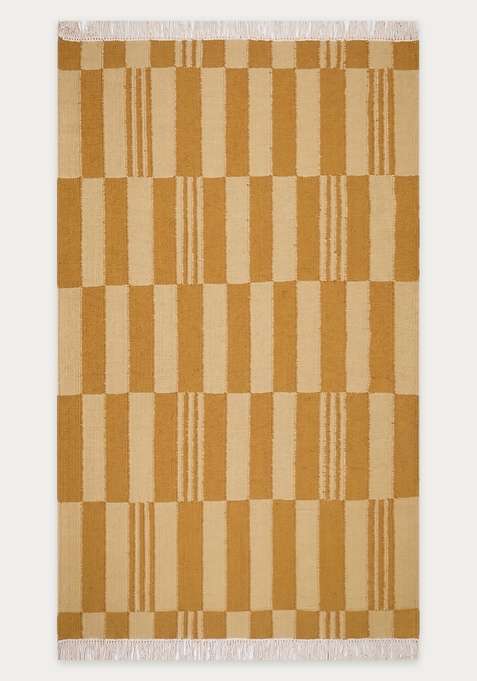 100% Wool Handmade Mustard Yellow Rug | Contemporary Checkered Flat Weave Reversible Carpet For Living Room