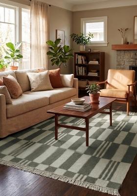 Saffron Rugs Flat Woven Sage Green Checkered Contemporary Rectangular Wool Area Rug
