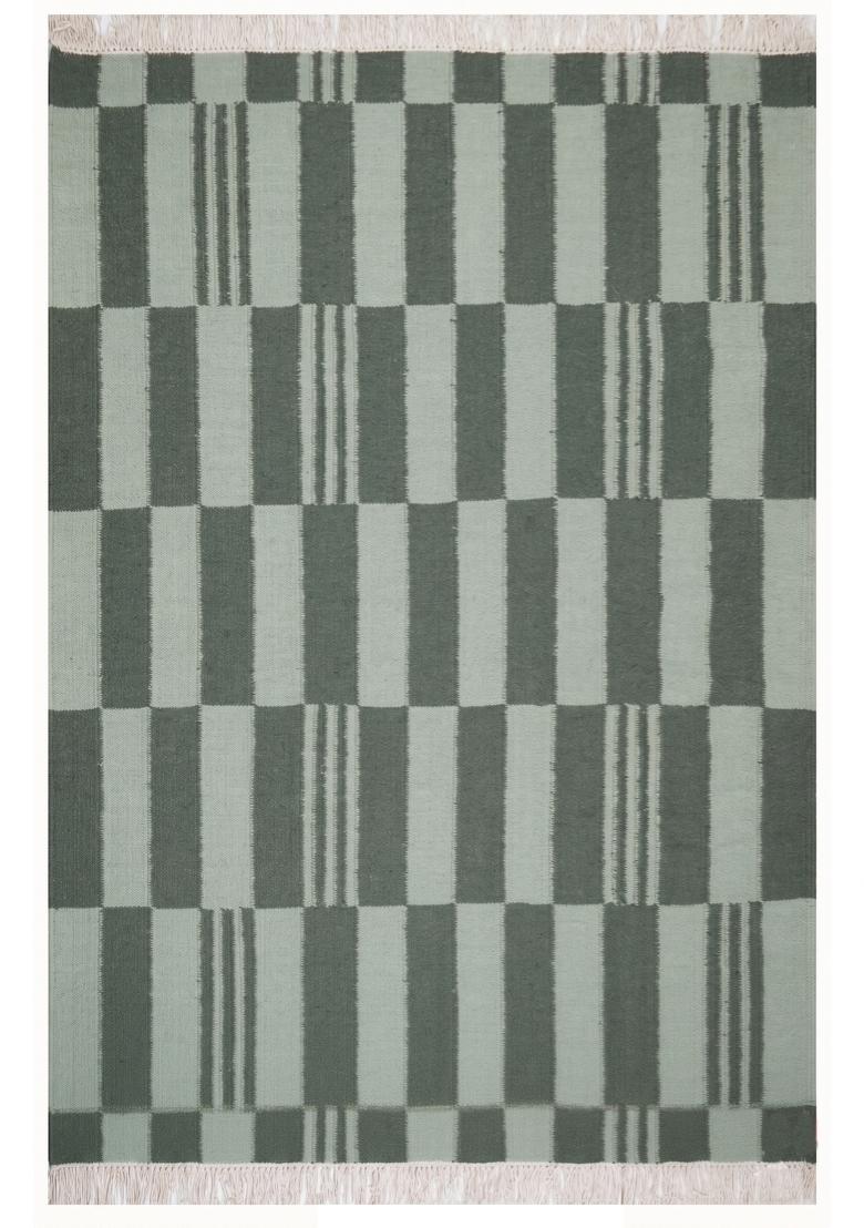 Saffron Rugs Flat Woven Sage Green Checkered Contemporary Rectangular Wool Area Rug - Indya