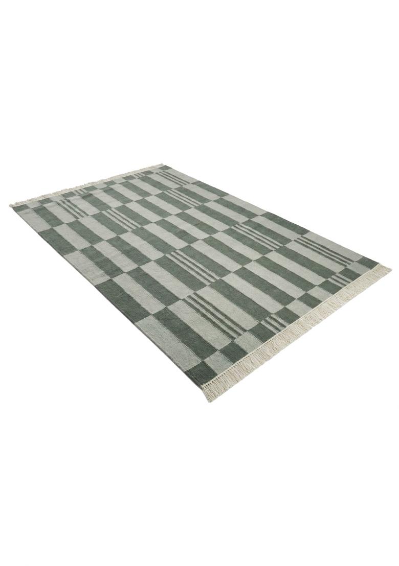 Saffron Rugs Flat Woven Sage Green Checkered Contemporary Rectangular Wool Area Rug - Indya