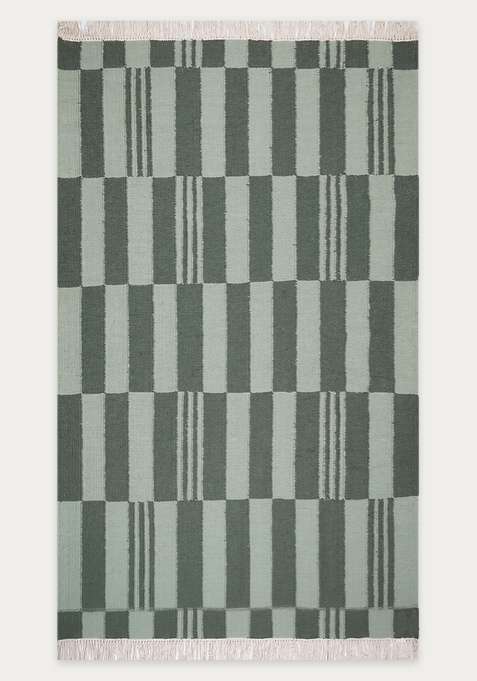 100% Wool Handmade Sage Green Rug | Contemporary Checkered Flat Weave Reversible Carpet For Living Room