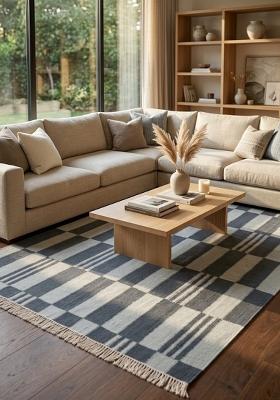Saffron Rugs Flat Woven Slate Grey Checkered Contemporary Rectangular Wool Area Rug