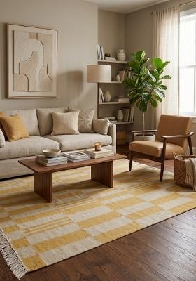 Saffron Rugs Flat Woven Mustard Checkered Scandinavian Rectangular Wool Area Rug