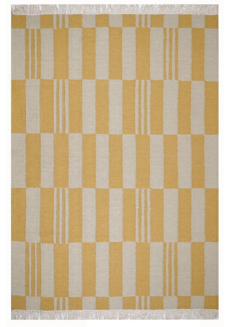 Saffron Rugs Flat Woven Mustard Checkered Scandinavian Rectangular Wool Area Rug - Indya