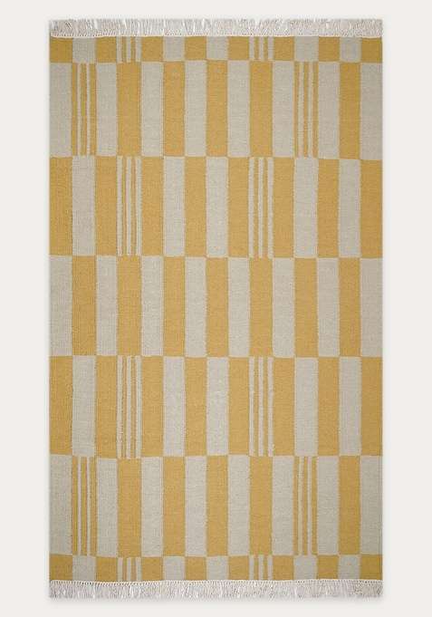 100% Wool Handmade Mustard Rug | Scandinavian Checkered Flat Weave Reversible Carpet For Living Room