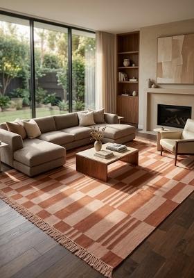 Saffron Rugs Flat Woven Terracotta Checkered Scandinavian Rectangular Wool Area Rug