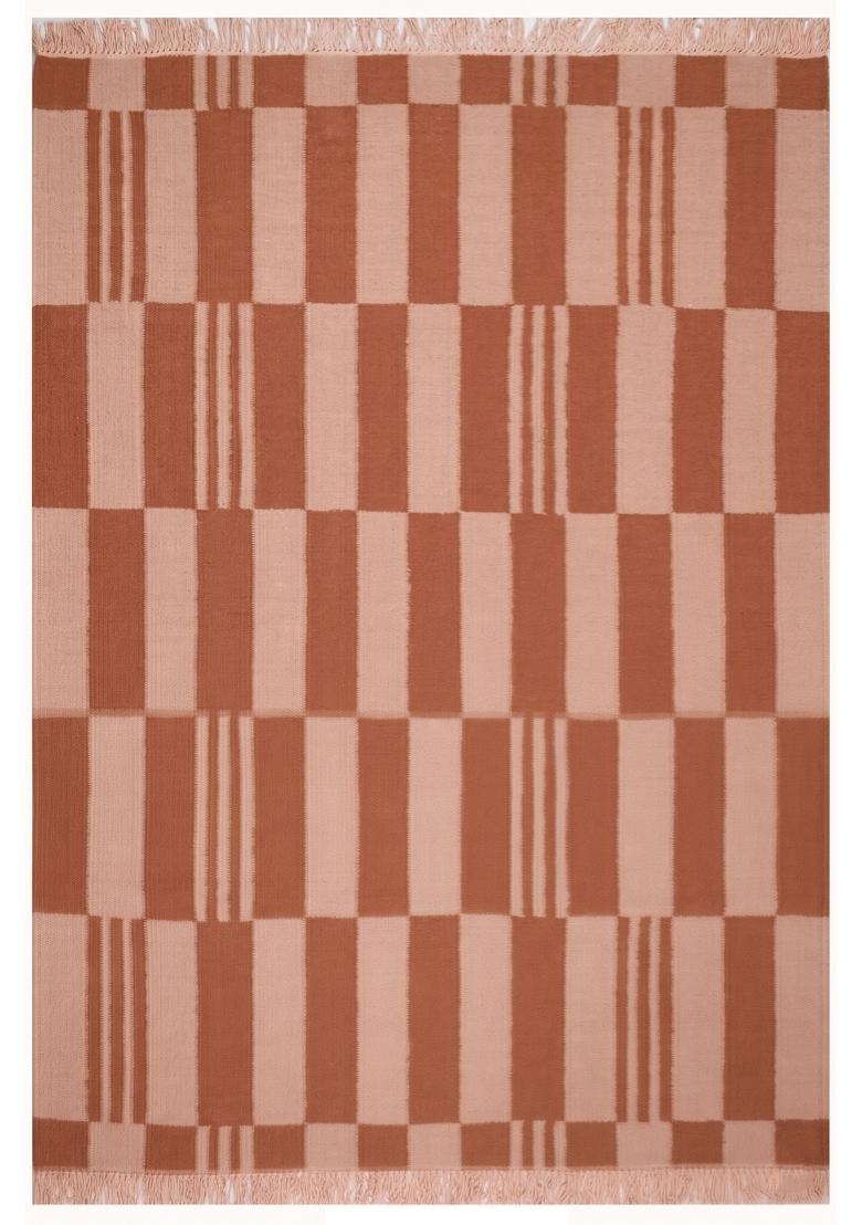 Saffron Rugs Flat Woven Terracotta Checkered Scandinavian Rectangular Wool Area Rug - Indya