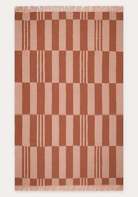 100% Wool Handmade Terracotta Rug | Scandinavian Checkered Flat Weave Reversible Carpet For Living Room