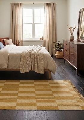 Saffron Rugs Flat Woven Mustard Yellow Checkered Scandinavian Rectangular Wool Area Rug
