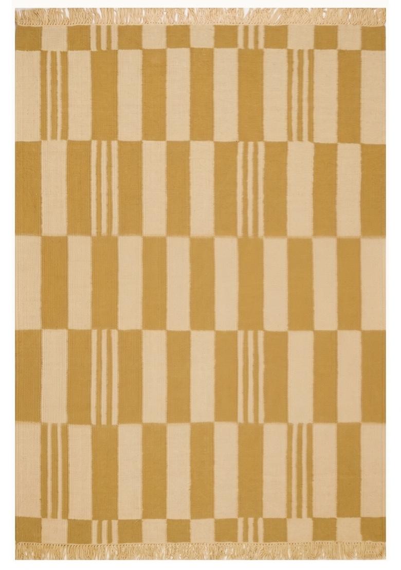 Saffron Rugs Flat Woven Mustard Yellow Checkered Scandinavian Rectangular Wool Area Rug - Indya