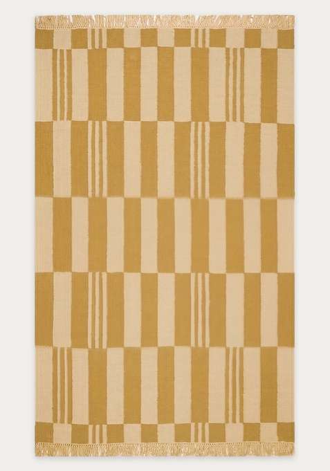 100% Wool Handmade Mustard Yellow Rug | Scandinavian Checkered Flat Weave Reversible Carpet For Living Room