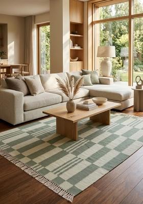 Saffron Rugs Flat Woven Sage Green Checkered Scandinavian Rectangular Wool Area Rug