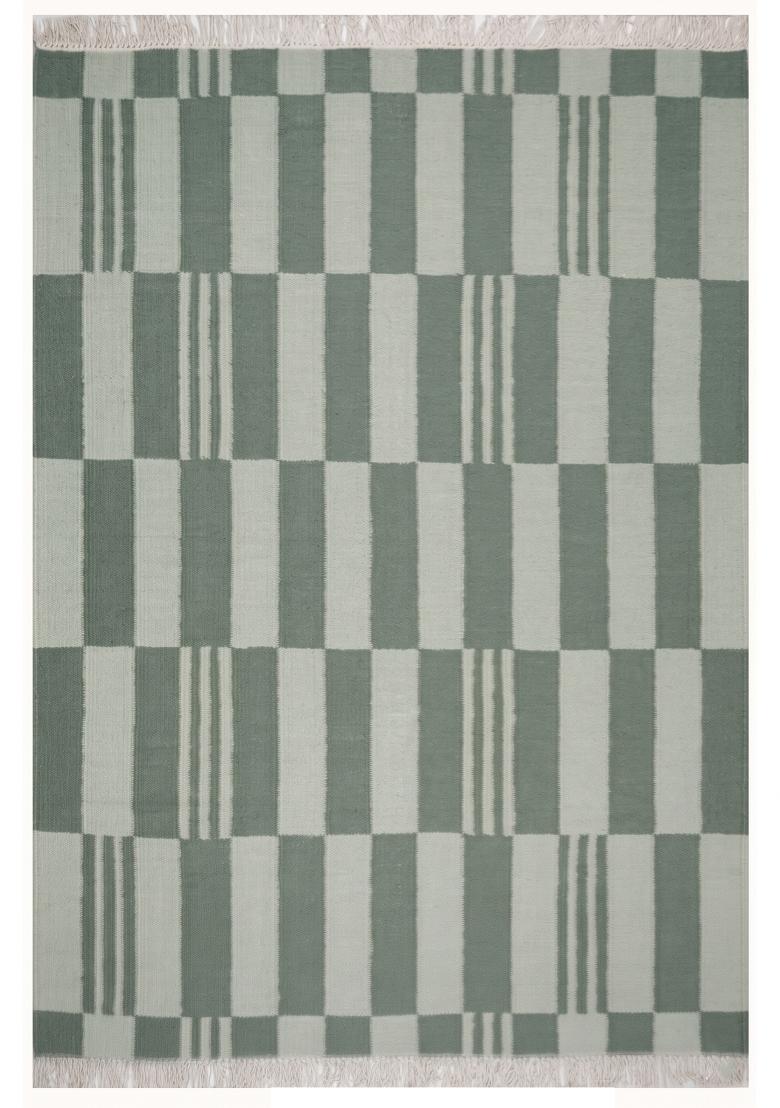 Saffron Rugs Flat Woven Sage Green Checkered Scandinavian Rectangular Wool Area Rug - Indya