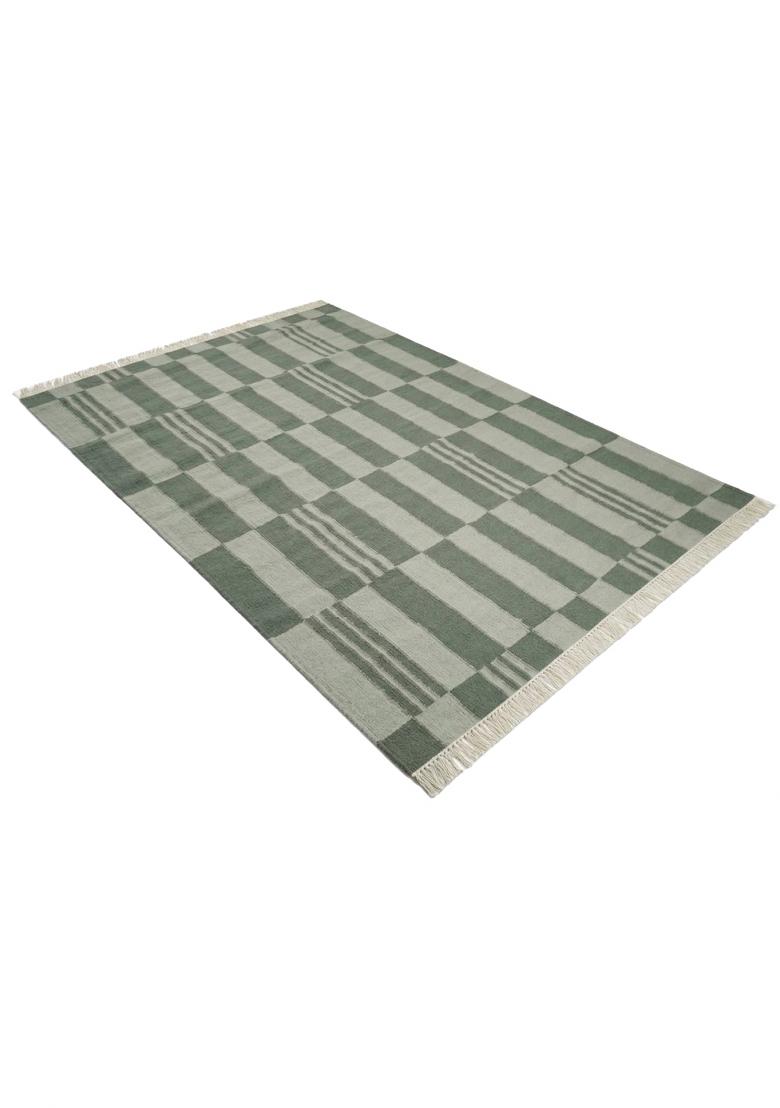 Saffron Rugs Flat Woven Sage Green Checkered Scandinavian Rectangular Wool Area Rug - Indya