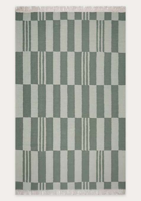 100% Wool Handmade Sage Green Rug | Scandinavian Checkered Flat Weave Reversible Carpet For Living Room