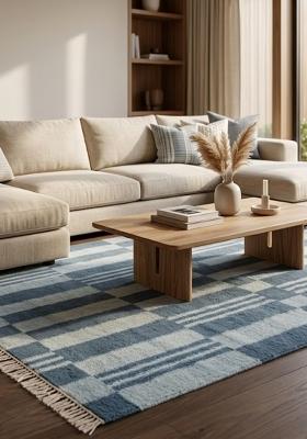 Saffron Rugs Flat Woven Blue Checkered Scandinavian Rectangular Wool Area Rug