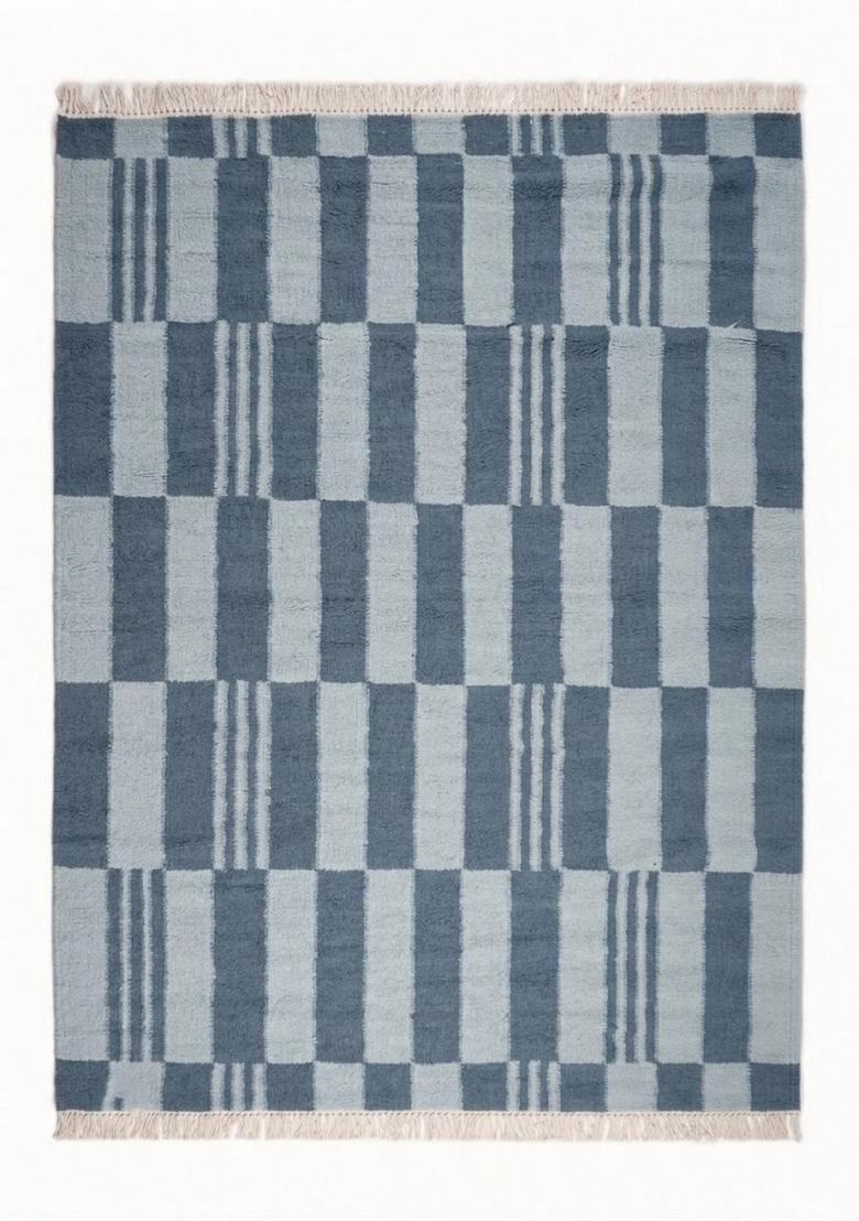 Saffron Rugs Flat Woven Blue Checkered Scandinavian Rectangular Wool Area Rug - Indya
