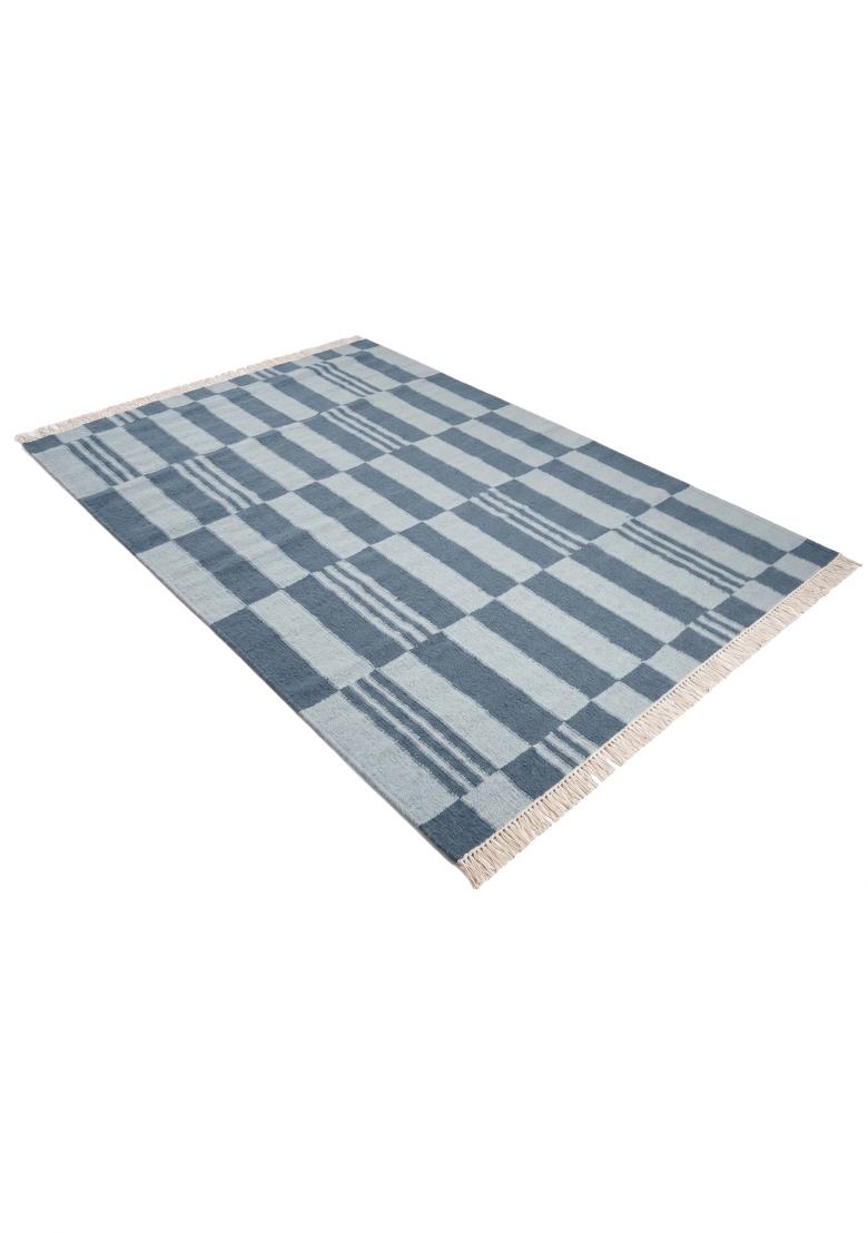 Saffron Rugs Flat Woven Blue Checkered Scandinavian Rectangular Wool Area Rug - Indya