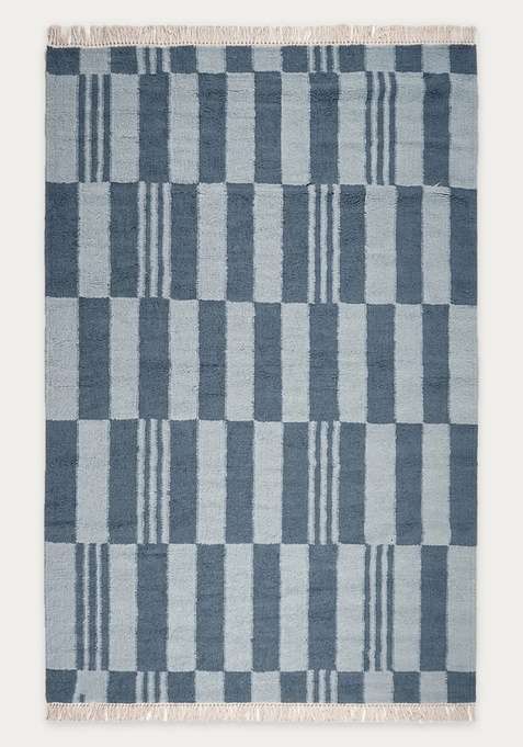 100% Wool Handmade Blue Rug | Scandinavian Checkered Flat Weave Reversible Carpet For Living Room