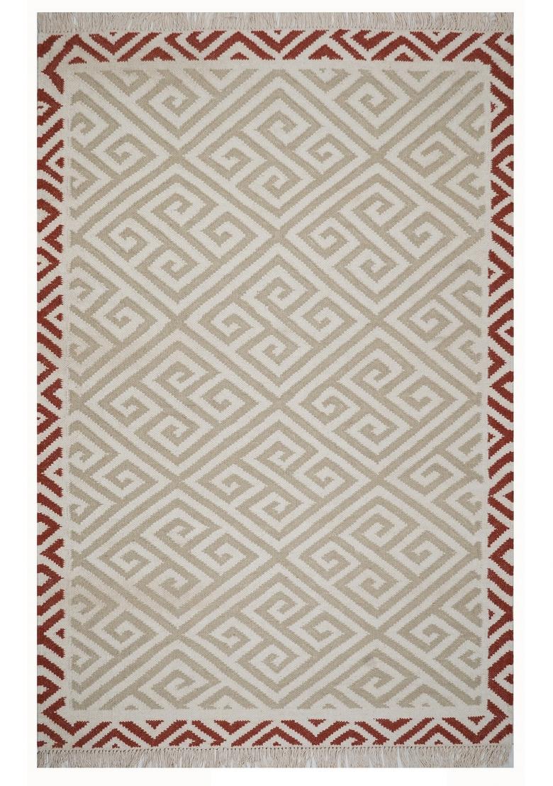Saffron Rugs Flat Woven Beige Geometric Bohemian Rectangular Wool Area Rug - Indya