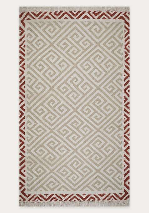 100% Wool Handmade Beige Rug | Bohemian Geometric Flat Weave Reversible Carpet For Living Room