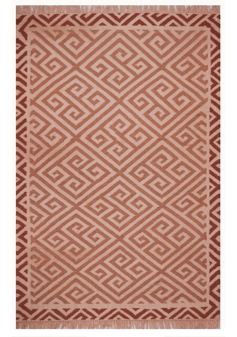 Saffron Rugs Flat Woven Terracotta Geometric Bohemian Rectangular Wool Area Rug - Indya