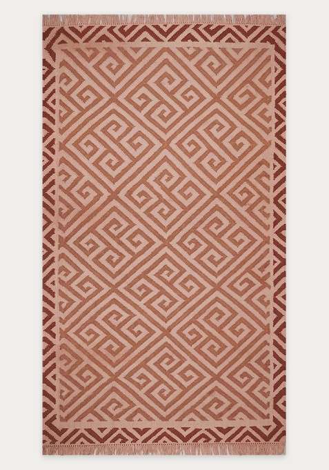 100% Wool Handmade Terracotta Rug | Bohemian Geometric Flat Weave Reversible Carpet For Living Room