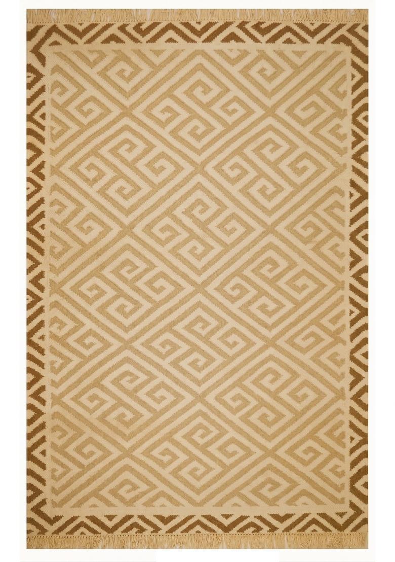 Saffron Rugs Flat Woven Cream Geometric Bohemian Rectangular Wool Area Rug - Indya