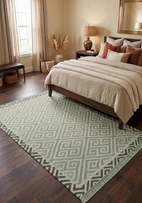 Saffron Rugs Flat Woven Sage Green Geometric Bohemian Rectangular Wool Area Rug