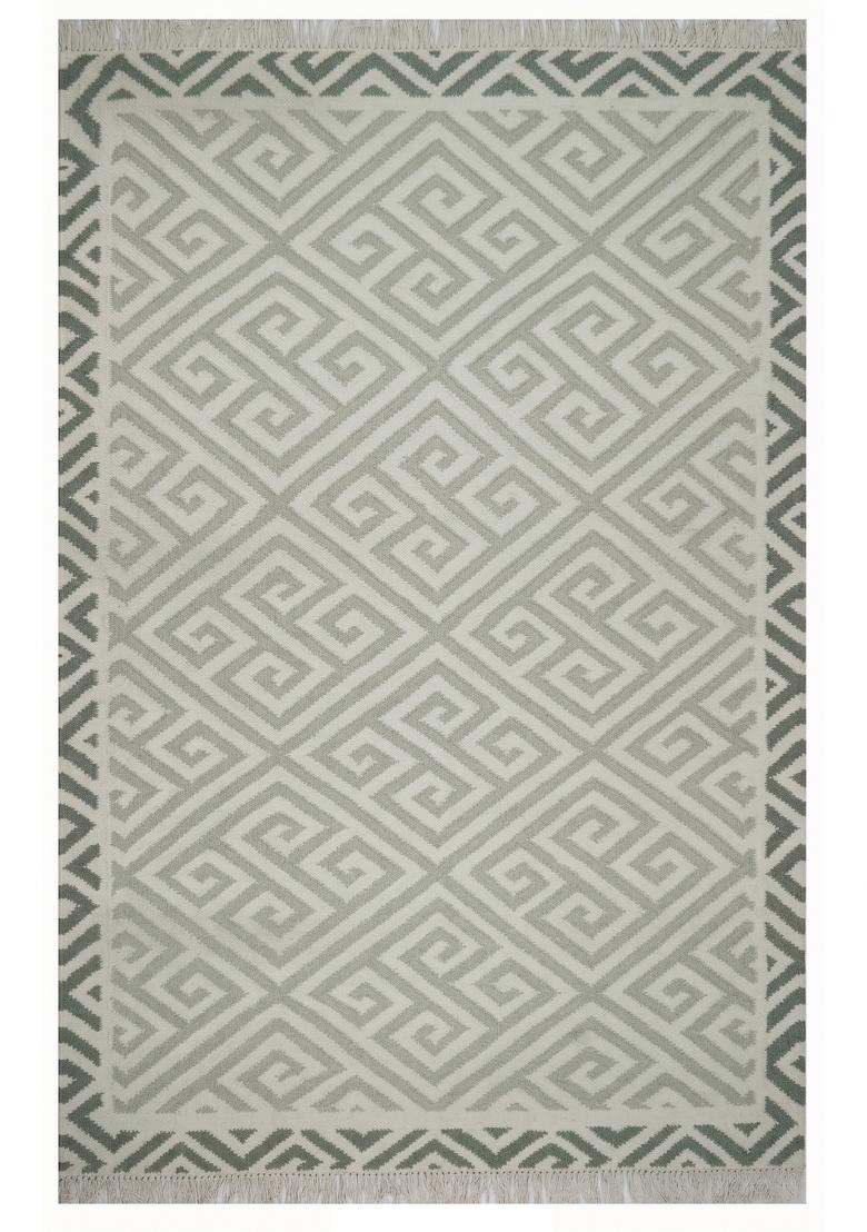 Saffron Rugs Flat Woven Sage Green Geometric Bohemian Rectangular Wool Area Rug - Indya