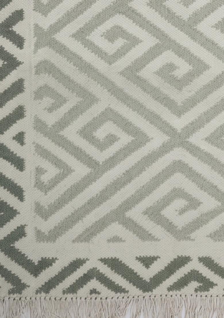 Saffron Rugs Flat Woven Sage Green Geometric Bohemian Rectangular Wool Area Rug - Indya