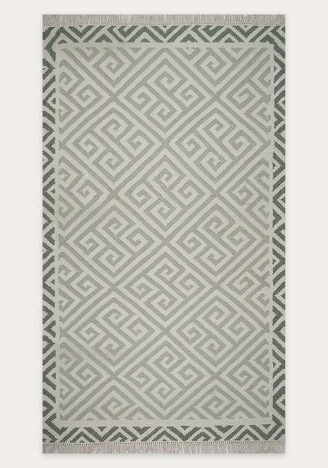100% Wool Handmade Sage Green Rug | Bohemian Geometric Flat Weave Reversible Carpet For Living Room